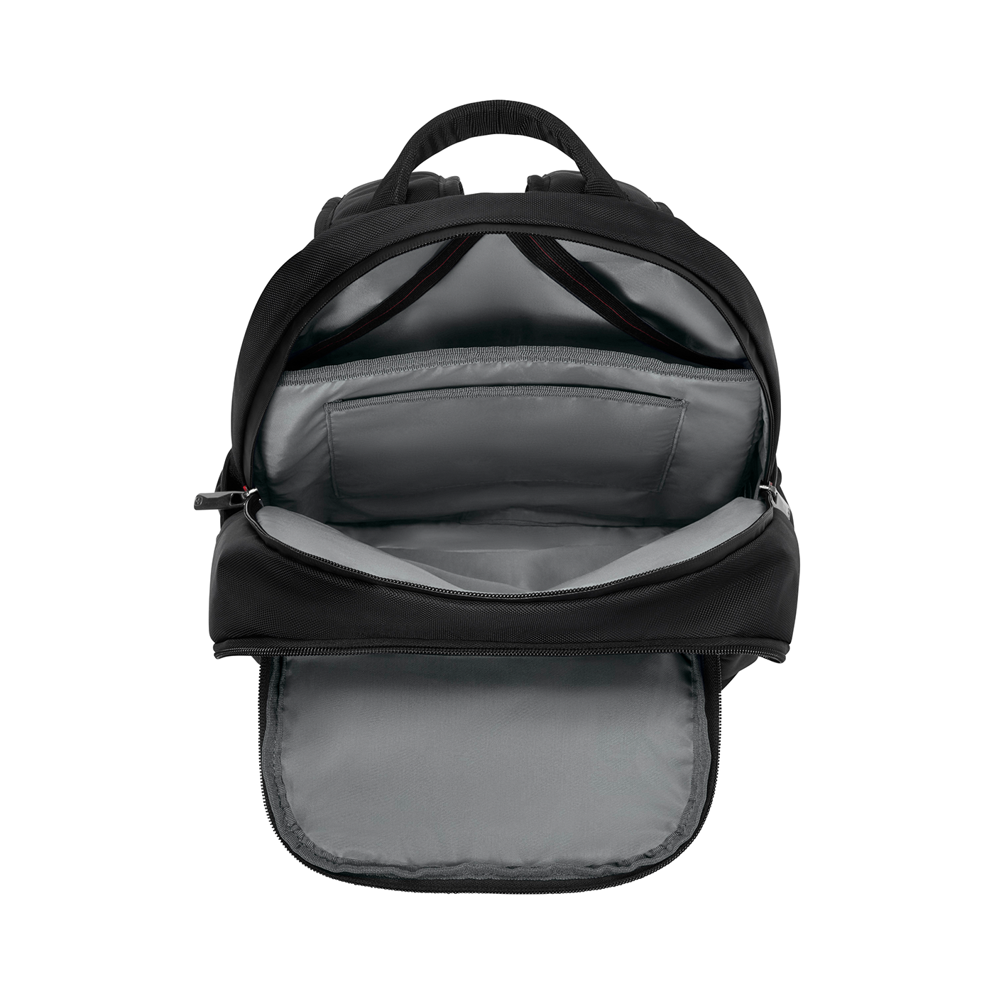 Schwarzer Rucksack, offen, mit mehreren Fächern und Reißverschlüssen, Innenansicht