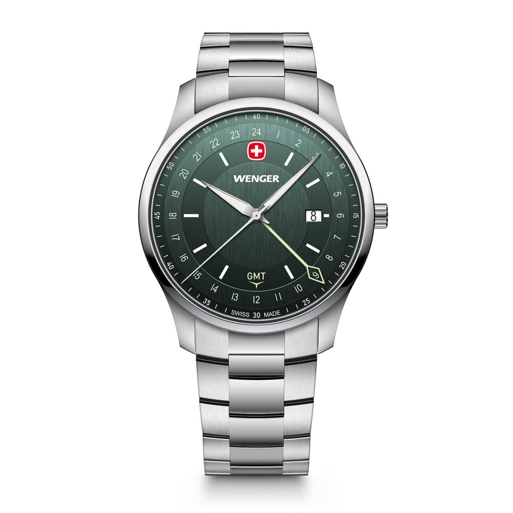 Ein silberfarbenes Wenger-Armbanduhr mit grünem Zifferblatt und Datumsanzeige.