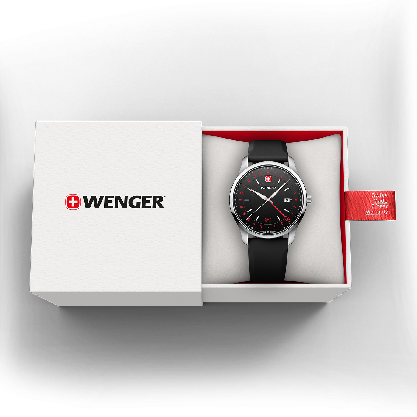 Eine Wenger-Uhr mit schwarzem Armband und roter Garantiekarte in einer weißen Box.