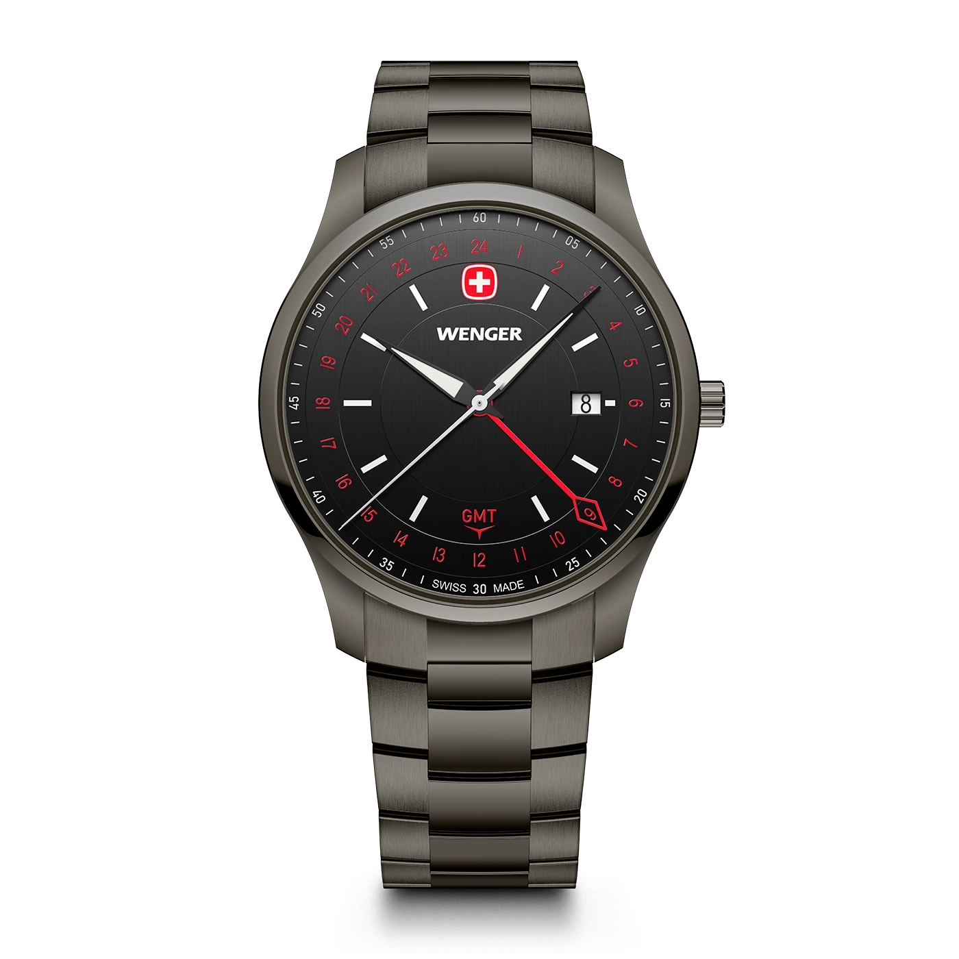 Herrenuhr silber-schwarz Ø 42 mm Quarzuhr mit GMT-Funktion, hergestellt in der Schweiz