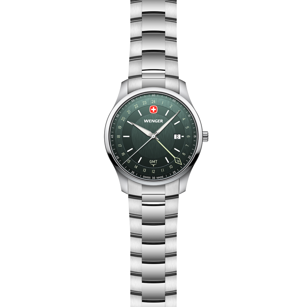 Wenger GMT-Herrenuhr mit silbernem Armband und grünem Zifferblatt