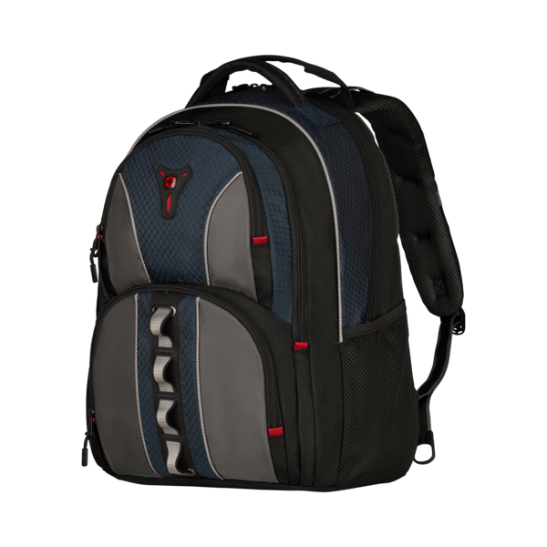 Blauer und grauer Rucksack mit rotem Akzent und schwarzem Hintergrund.