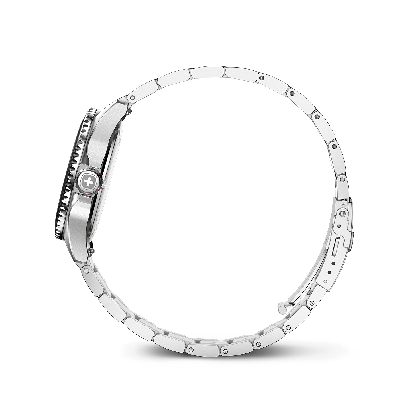 Stainless steel watch with silver bracelet on white background