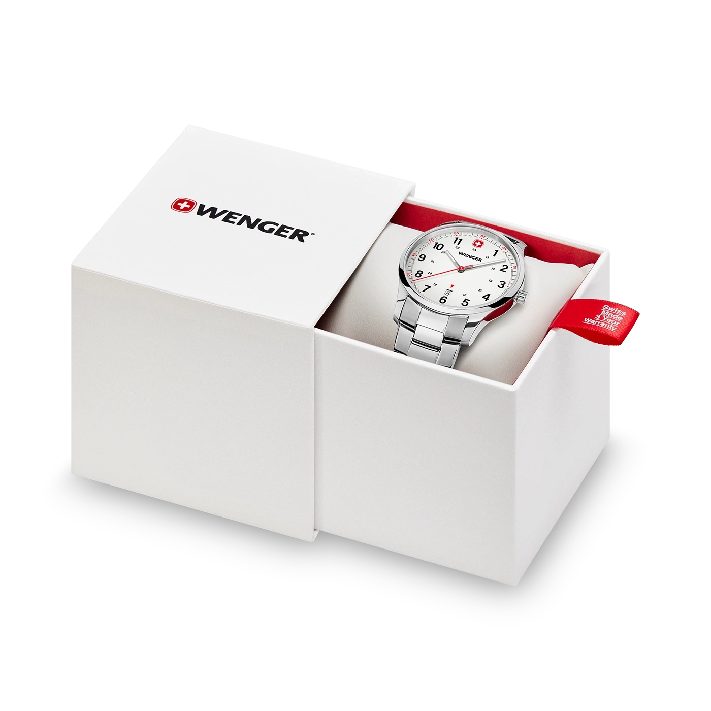 Wenger watch in a white box with red accent and warranty tag
