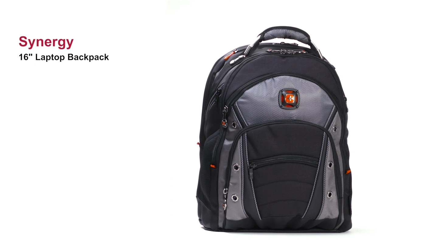 Black backpack with gray accent and red logo, Synergy 16" Laptop Backpack