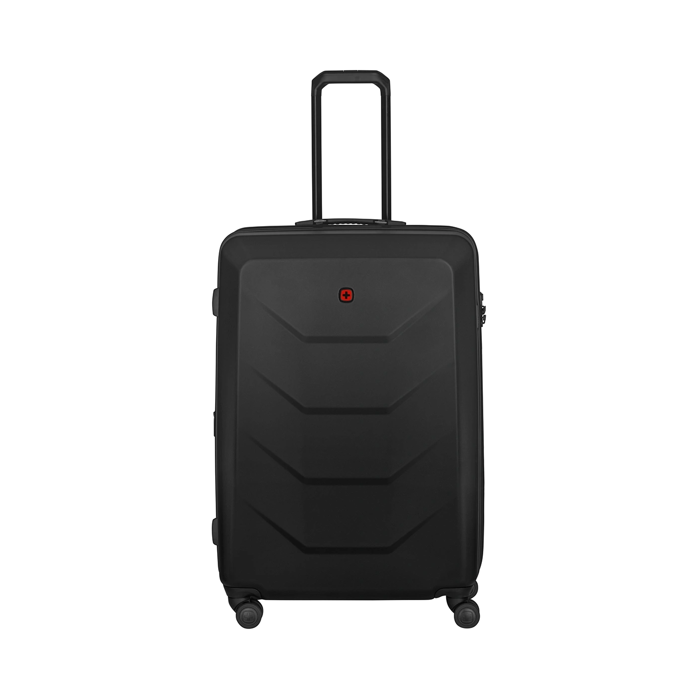Black suitcase with red cross, handle and wheels on a black background.