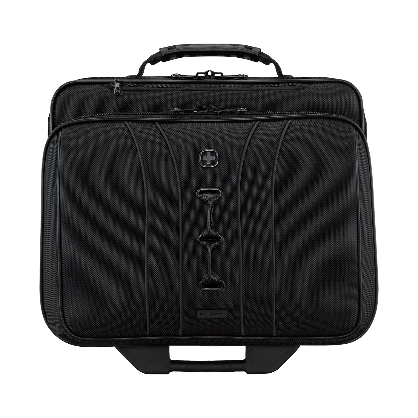 Black suitcase with handles and wheels, Swissgear Black Series luggage.