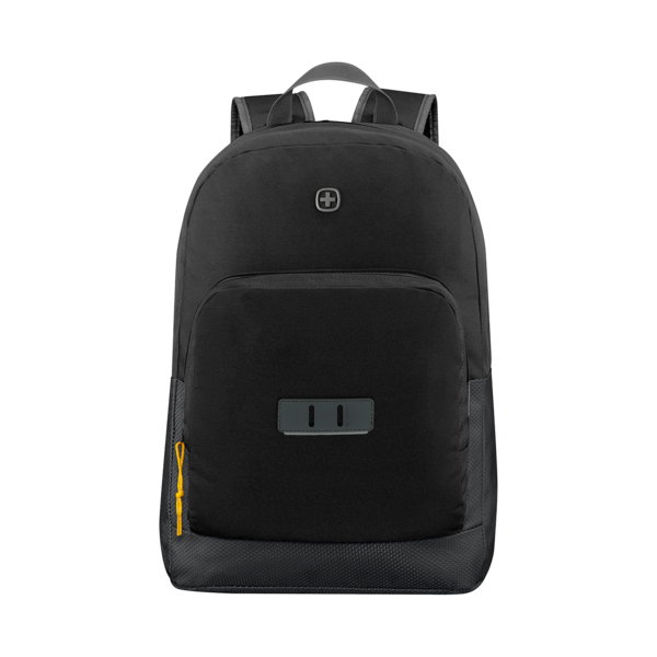 Schwarzer Rucksack mit gelbem Reißverschluss und Logo auf schwarzem Hintergrund.