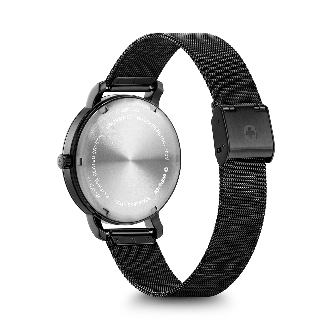 Schwarze Uhr mit Metallarmband, Detailaufnahme auf schwarzem Hintergrund.
