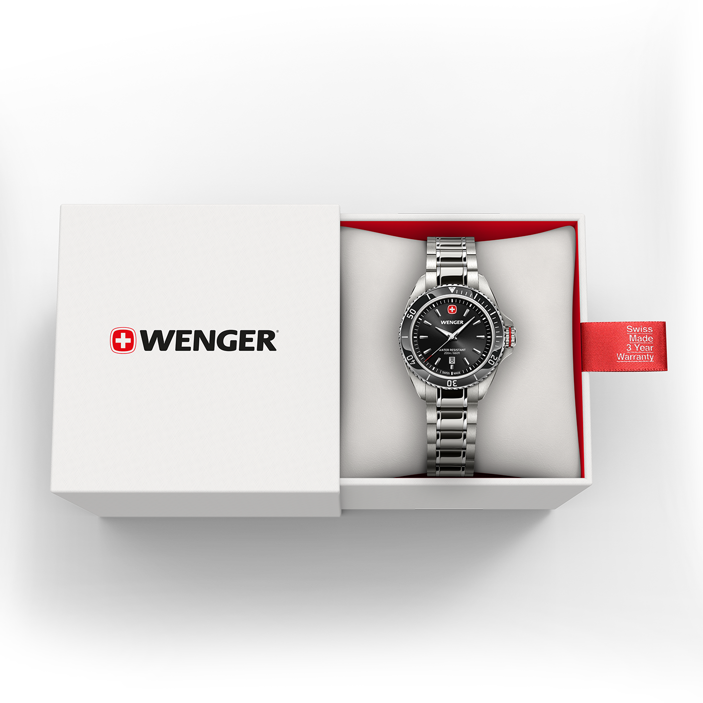 Wenger wristwatch in an open gift box with warranty tag