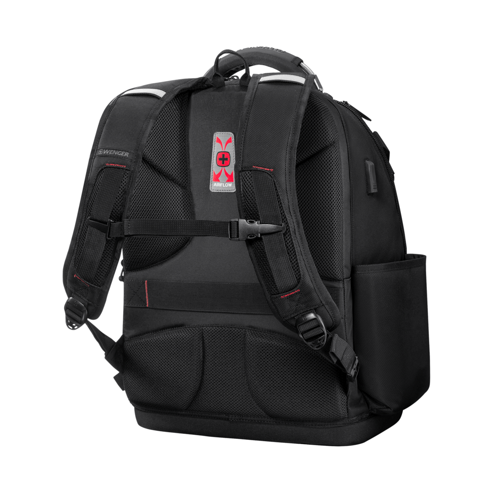 Black backpack rear view with Airflow logo and Wenger lettering side pocket