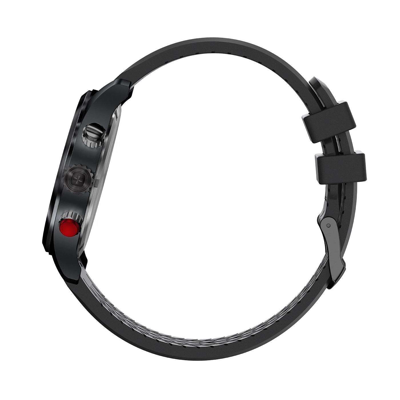 Black watch with red button and black strap, side view, isolated on white background