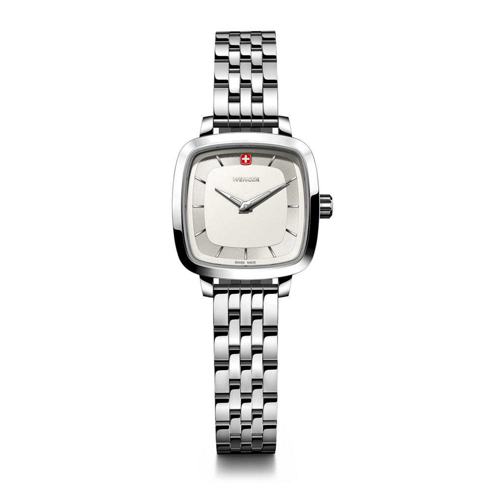 Wenger watch, square face, silver bracelet, Swiss made, elegant design