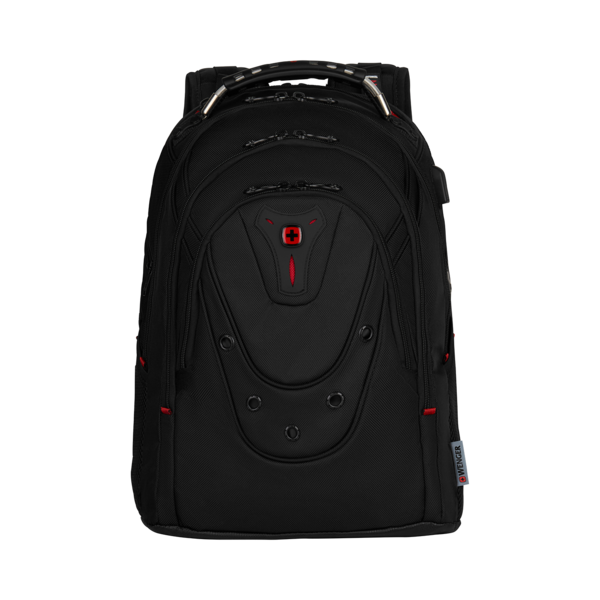 Schwarzer Rucksack mit rotem Akzent und Schweizer Kreuz Logo von Wenger.