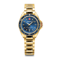 Damenuhr gold-blau Ø 34 mm Elegante Quarzuhr, hergestellt in der Schweiz
