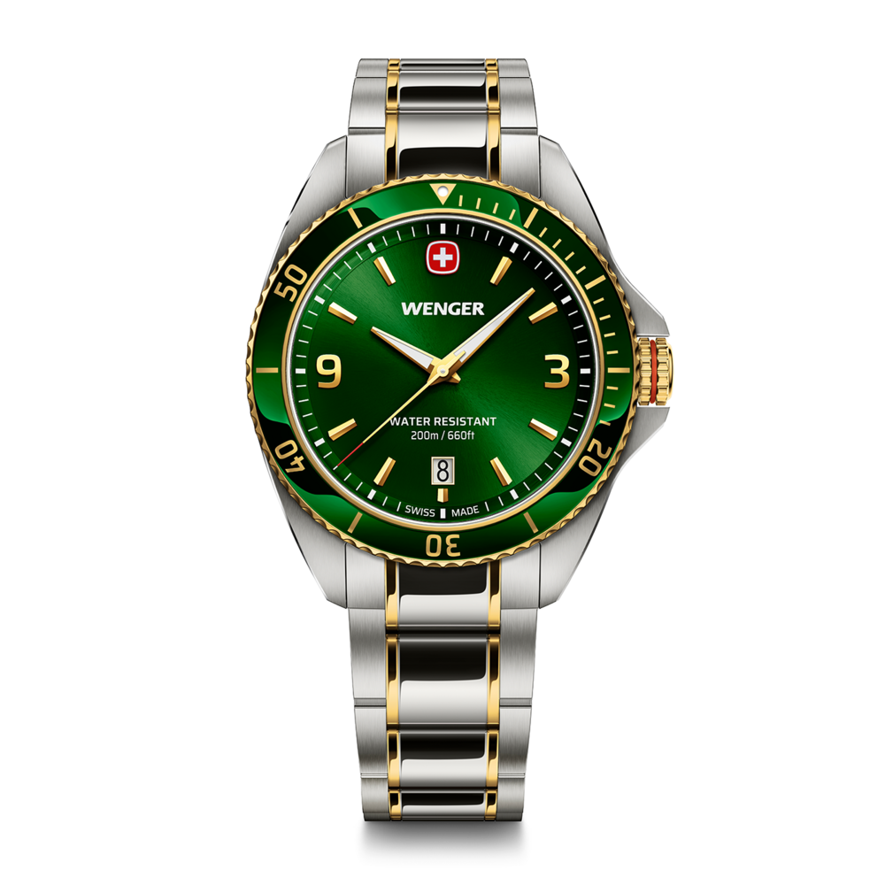 Wenger watch with green face, gold accents, and water resistant, Swiss made.