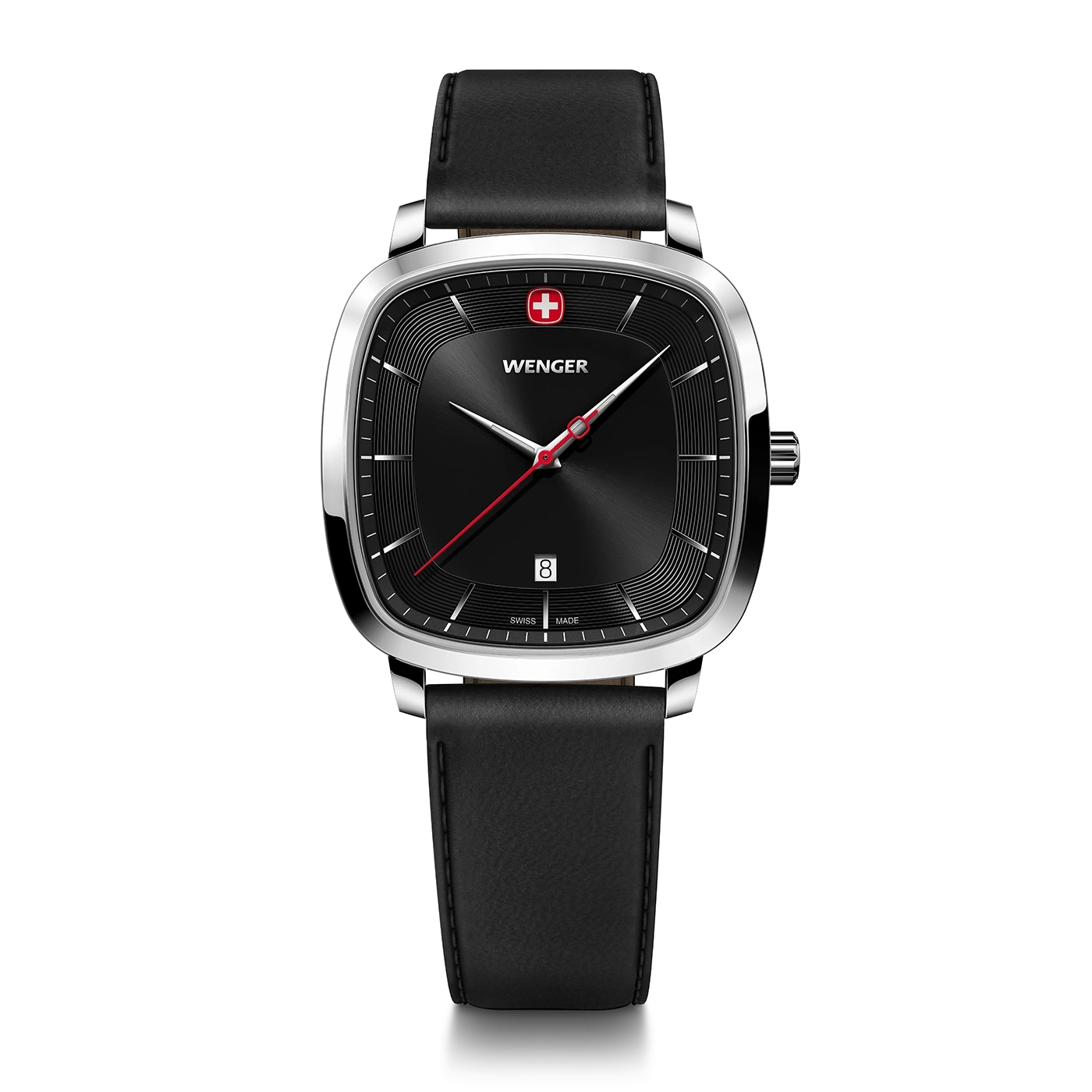Wenger watch with black dial and leather strap, square shape, Swiss made