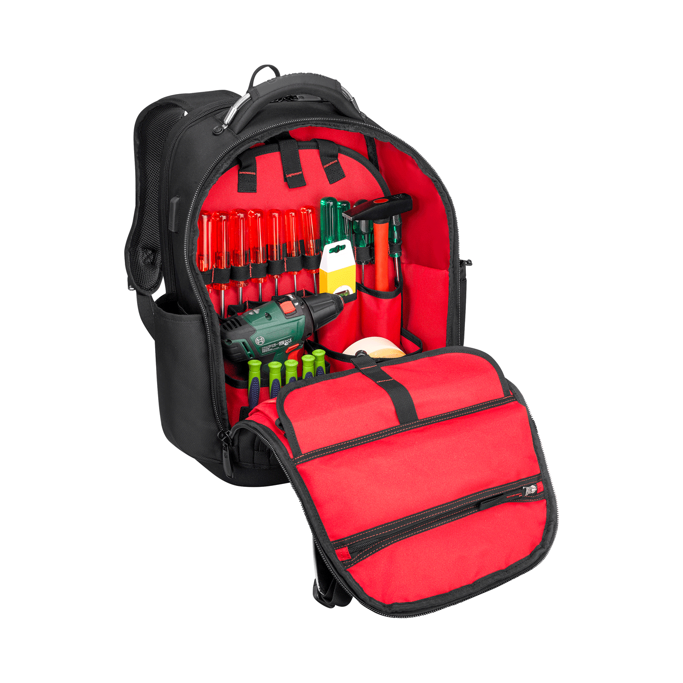 Tool backpack filled with various tools and a drill driver
