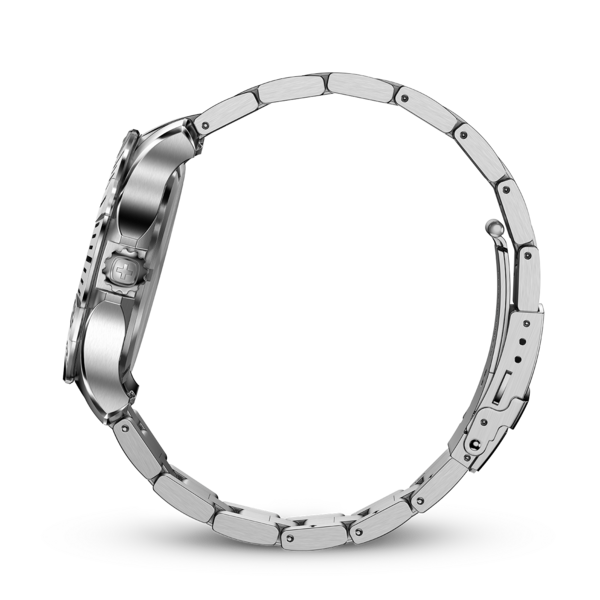 Uhr aus Metall, Seitenansicht, Armband, silberfarben, Detailaufnahme, isoliert