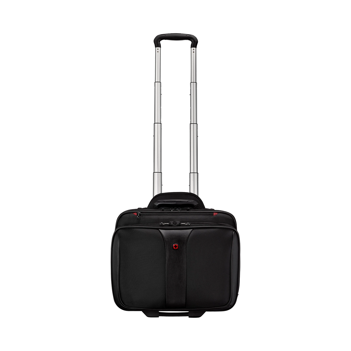 Schwarzer Koffer mit ausziehbarem Griff und rotem Logo, ideal für Reisen.