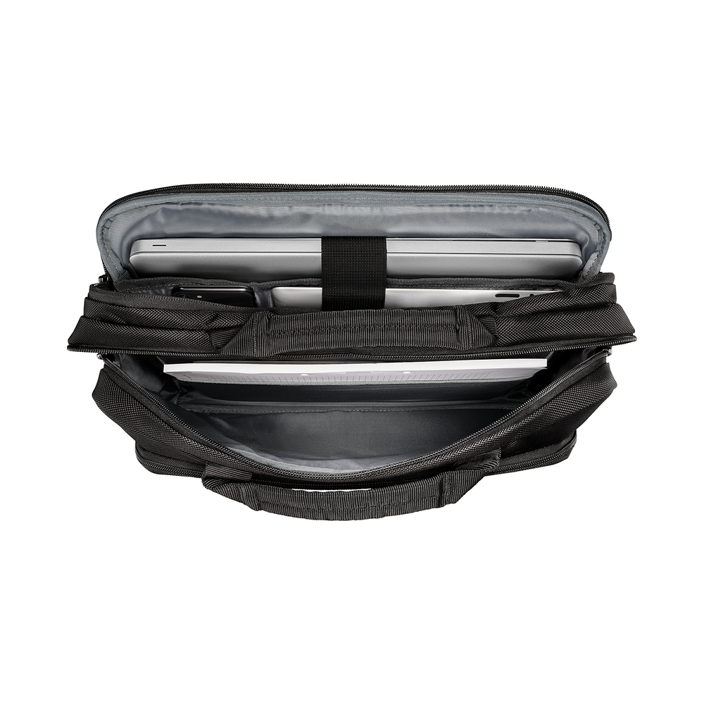 Schwarze Aktentasche, geöffnet, mit Laptop und Zubehör, von oben gesehen.