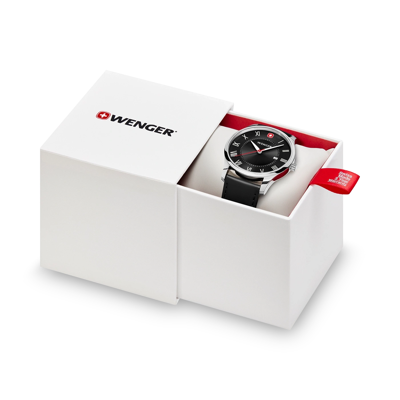 Wenger watch in a white box with red accent and warranty tag