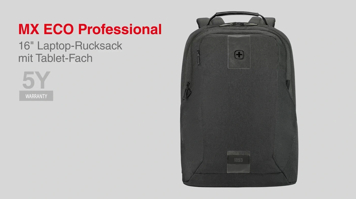 Schwarzer Rucksack mit rotem Text und 5 Jahren Garantie.