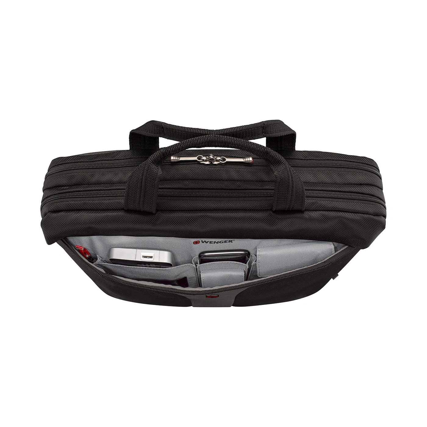 Black briefcase with open compartment, top view, Wenger logo, office bag