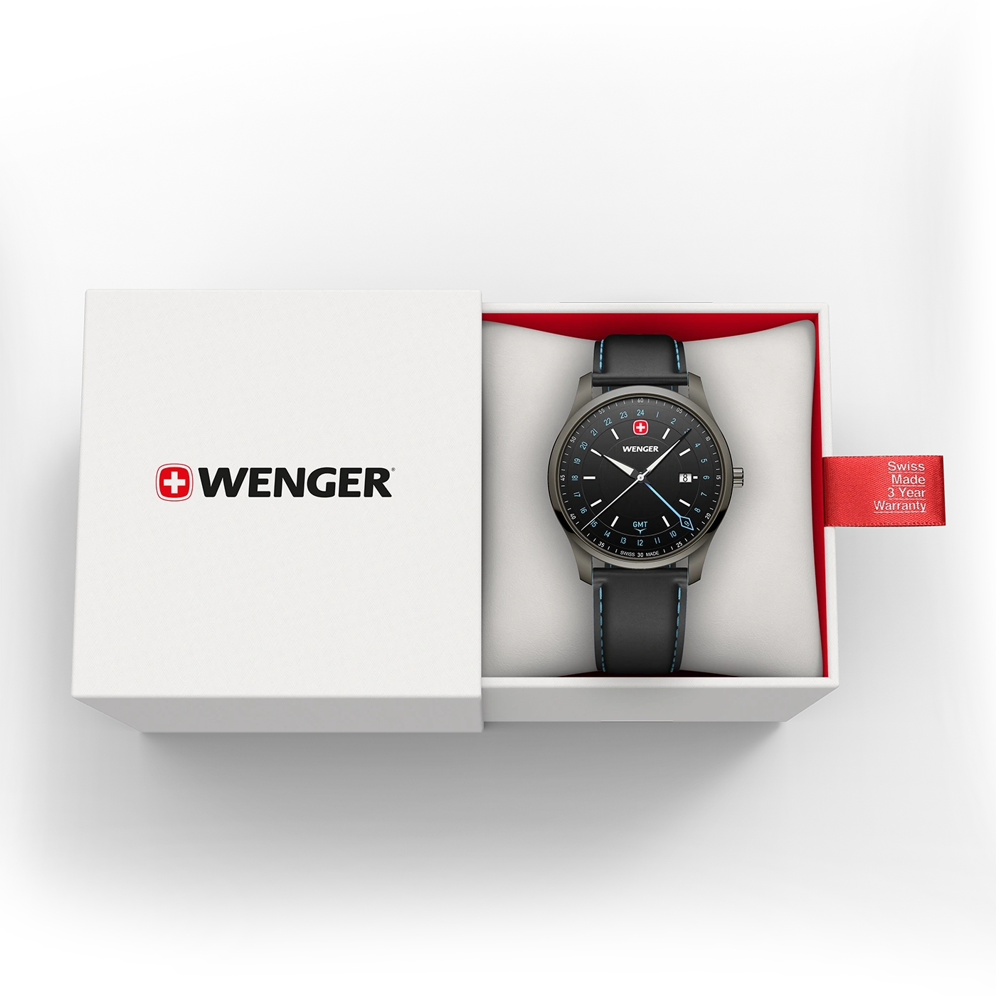Montre Wenger dans une boîte cadeau avec une étiquette de garantie rouge.