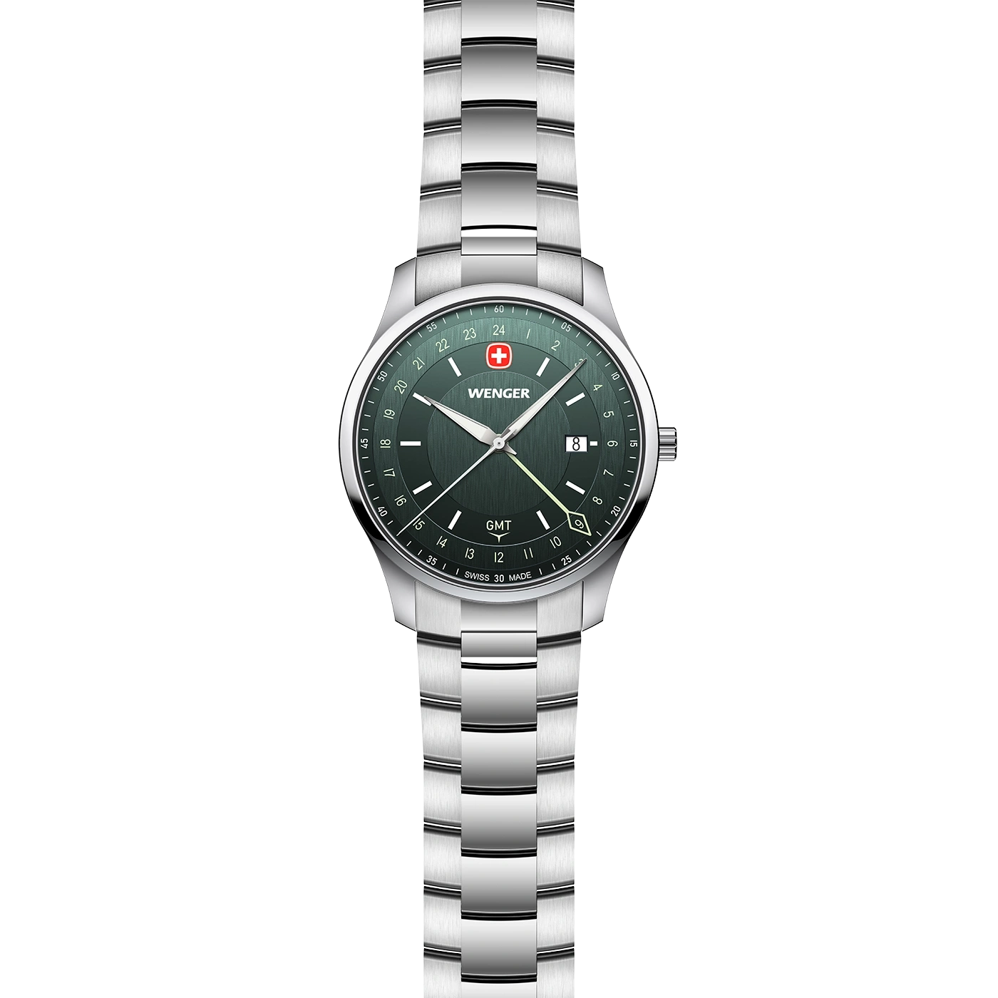 Wenger GMT-Herrenuhr mit silbernem Armband und grünem Zifferblatt