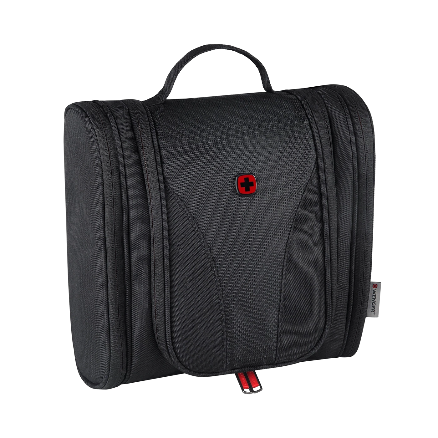 Black toiletry bag with red cross and handle, by Wenger.