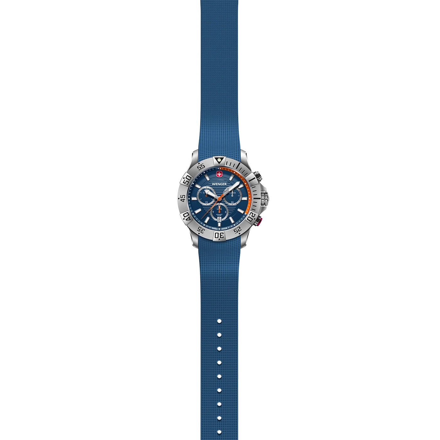 Wenger Uhr mit blauem Armband und silbernem Gehäuse, Detailaufnahme