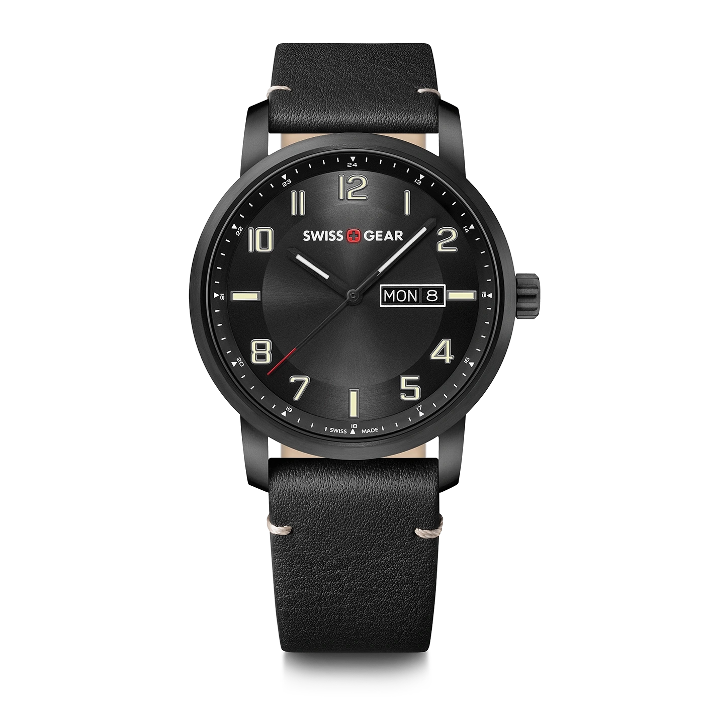Black Swiss Gear watch with leather strap and date display on a black background.