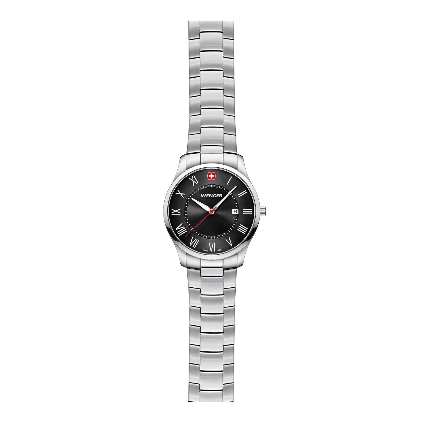 Wenger Uhr mit schwarzem Zifferblatt und silbernem Armband