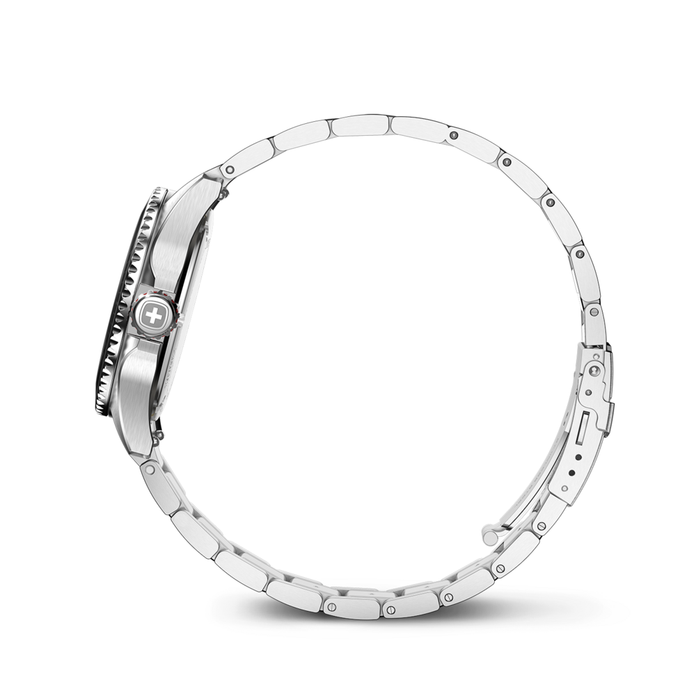 Stainless steel watch with silver bracelet on white background