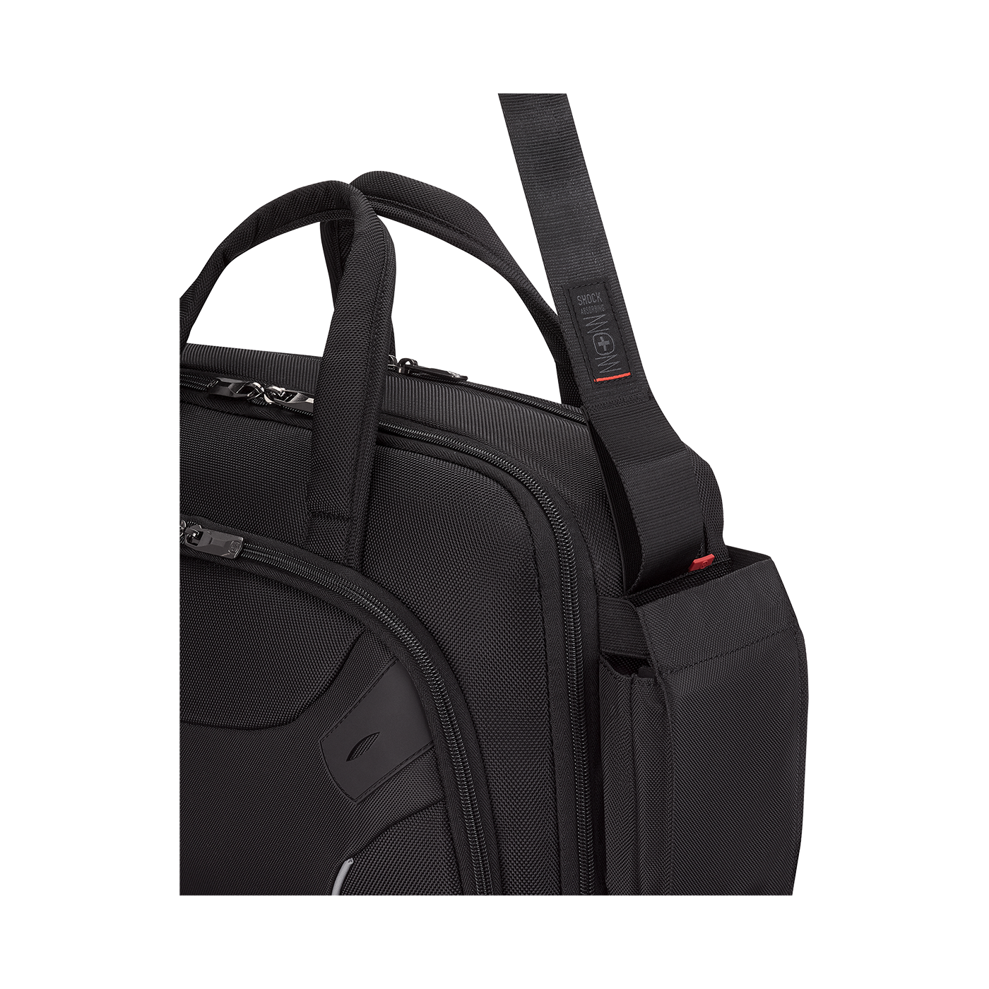 Schwarze Aktentasche mit Schultergurt und Griffen, Nahaufnahme, Detailansicht