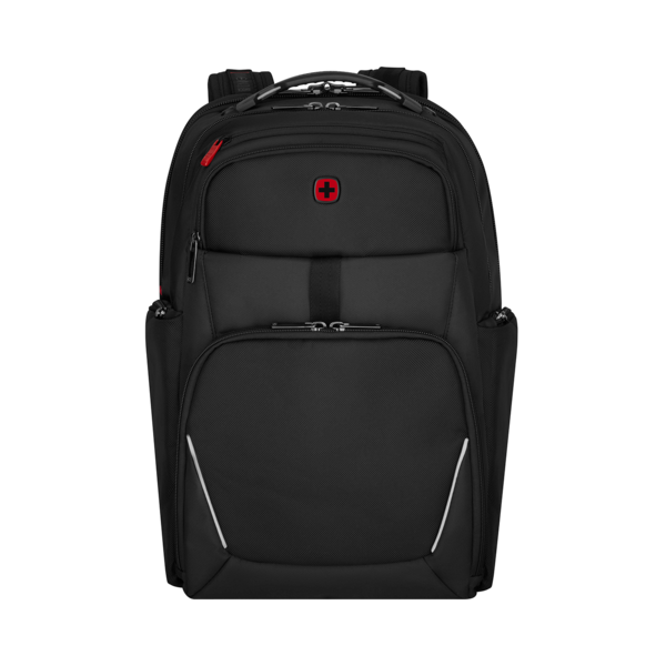 Schwarzer Rucksack mit rotem Kreuz und weißen Streifen auf schwarzem Hintergrund.