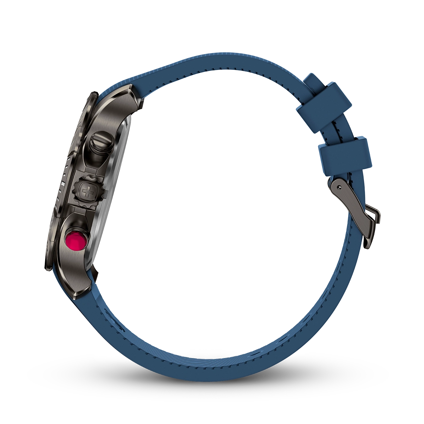 Side view of a watch with a blue strap and dark case