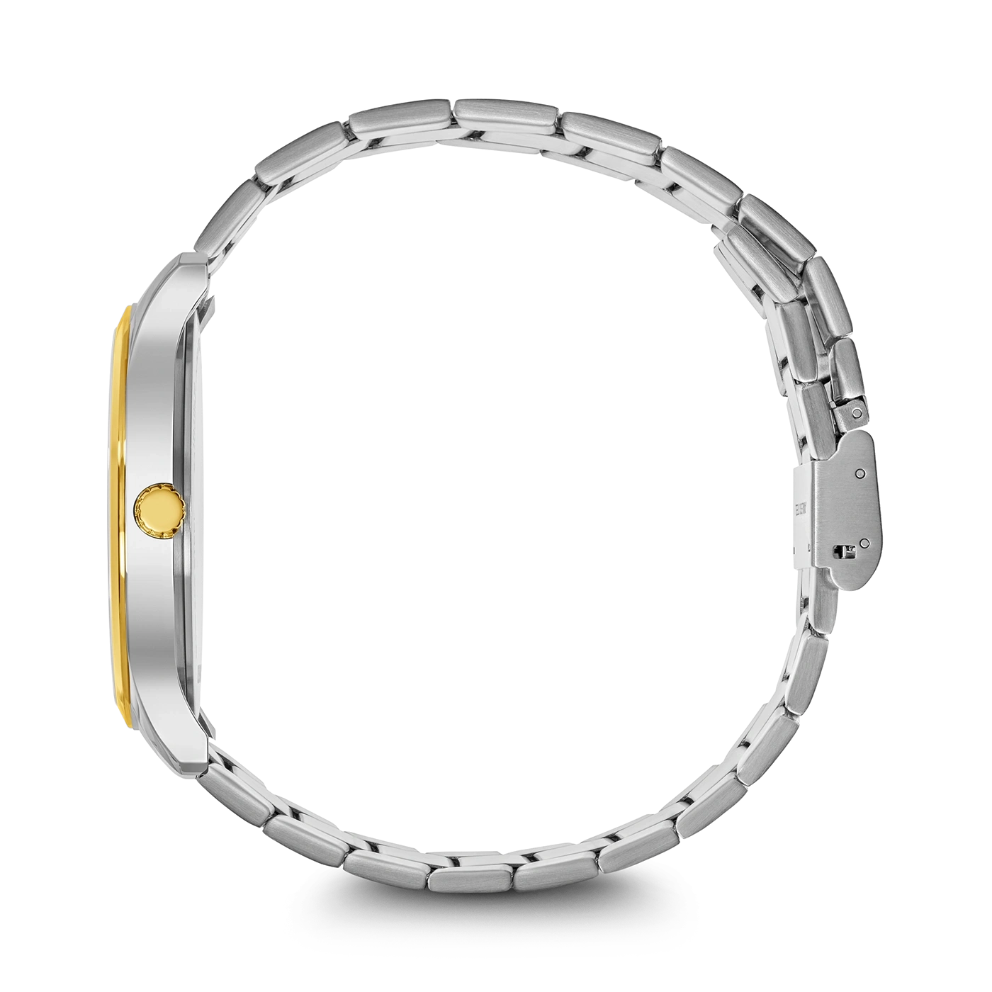 Uhr mit silbernem Armband und goldenem Zifferblatt auf schwarzem Hintergrund