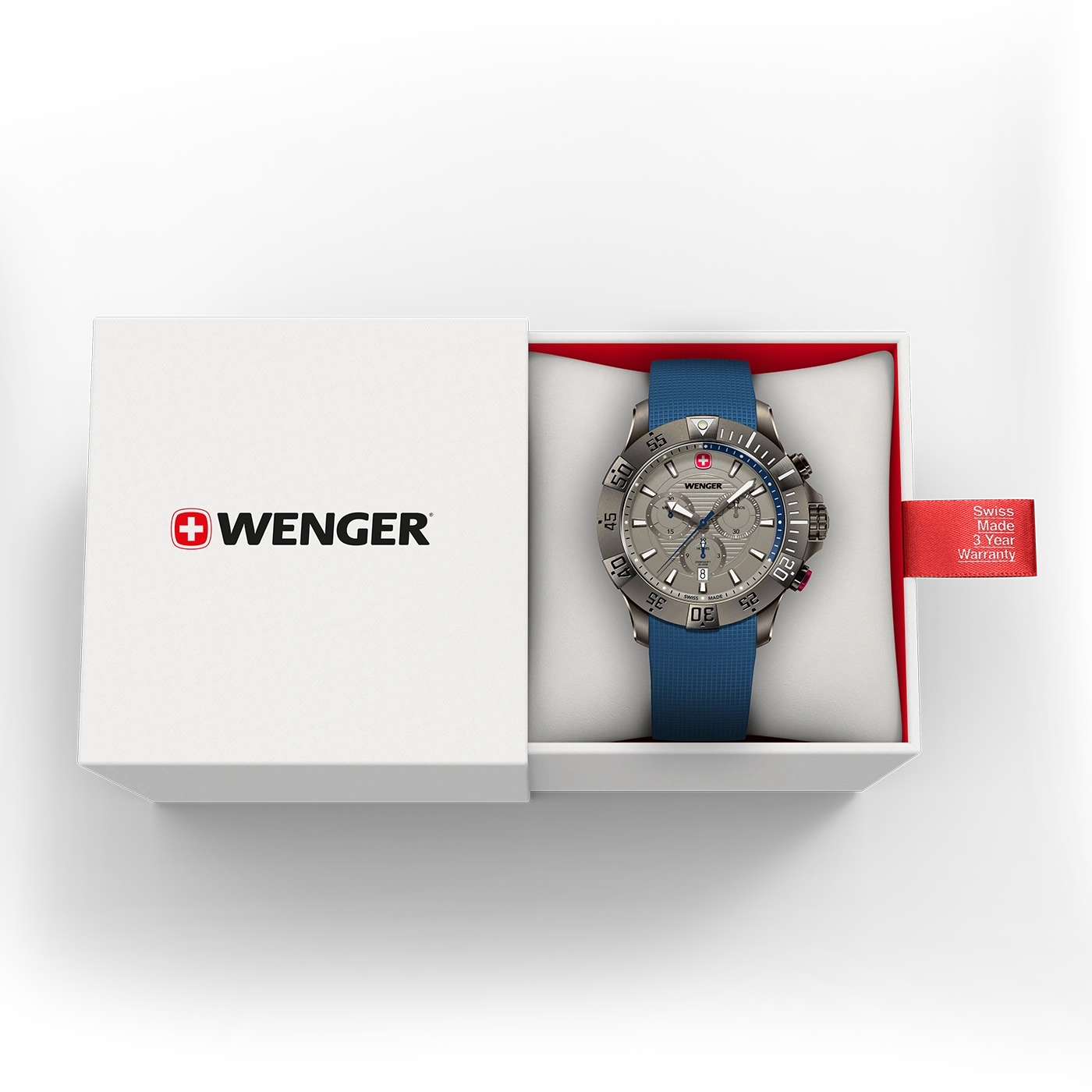 Wenger watch in box with blue strap and warranty tag