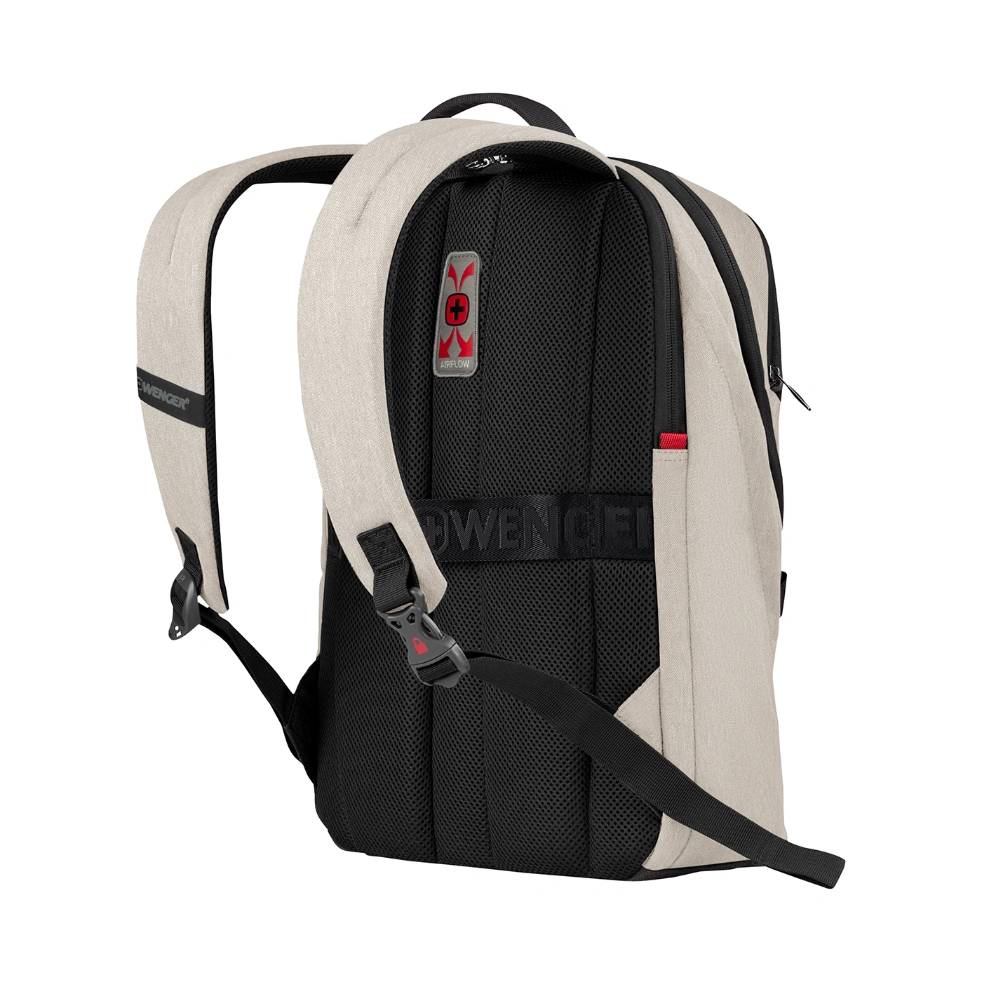 Beige backpack with black back and shoulder straps, Wenger logo visible