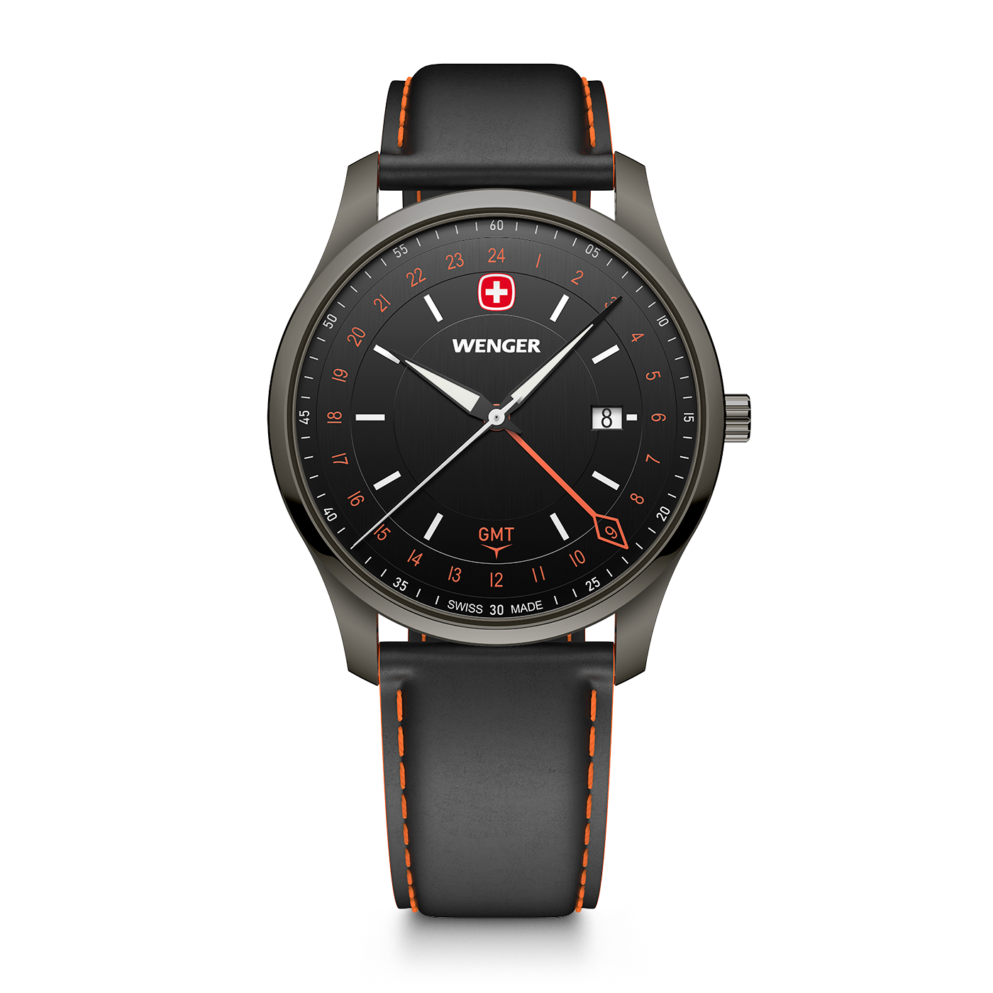 Ein schwarzes Wenger Herrenarmbanduhr mit orangefarbenen Nähten und GMT-Funktion.