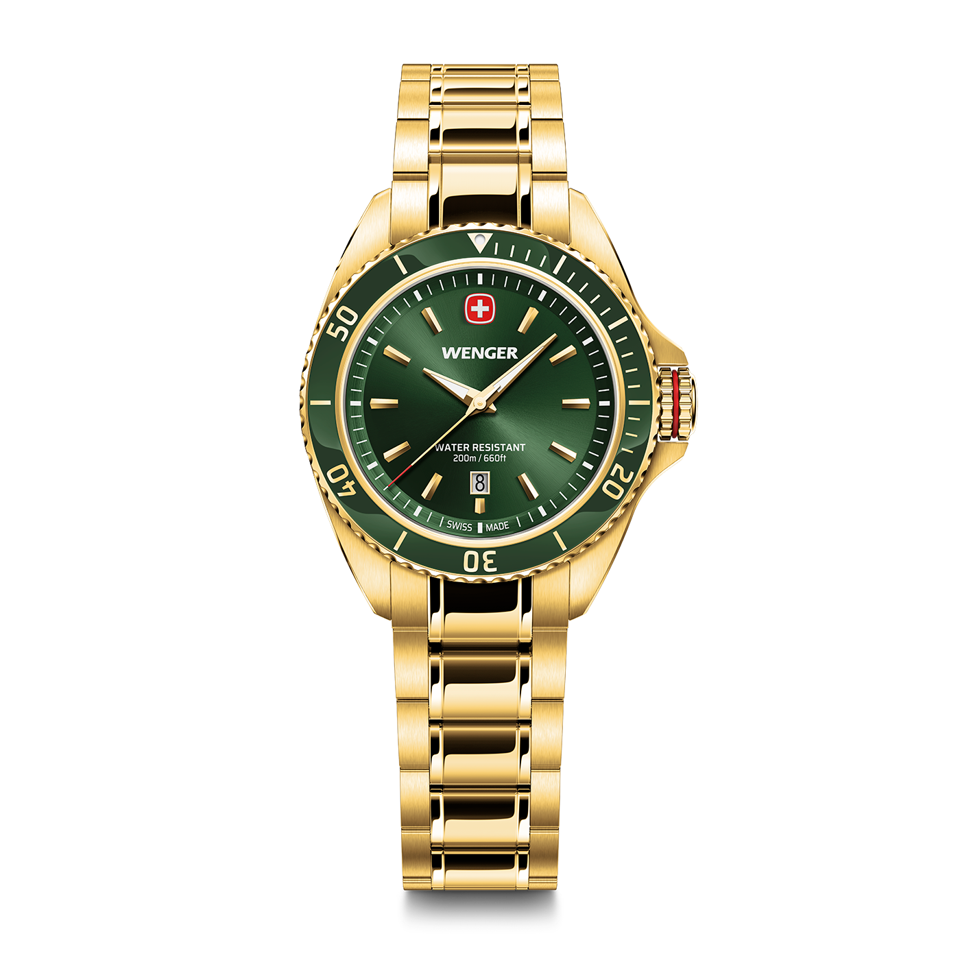 Goldene Wenger Uhr mit grünem Zifferblatt und Datumsanzeige