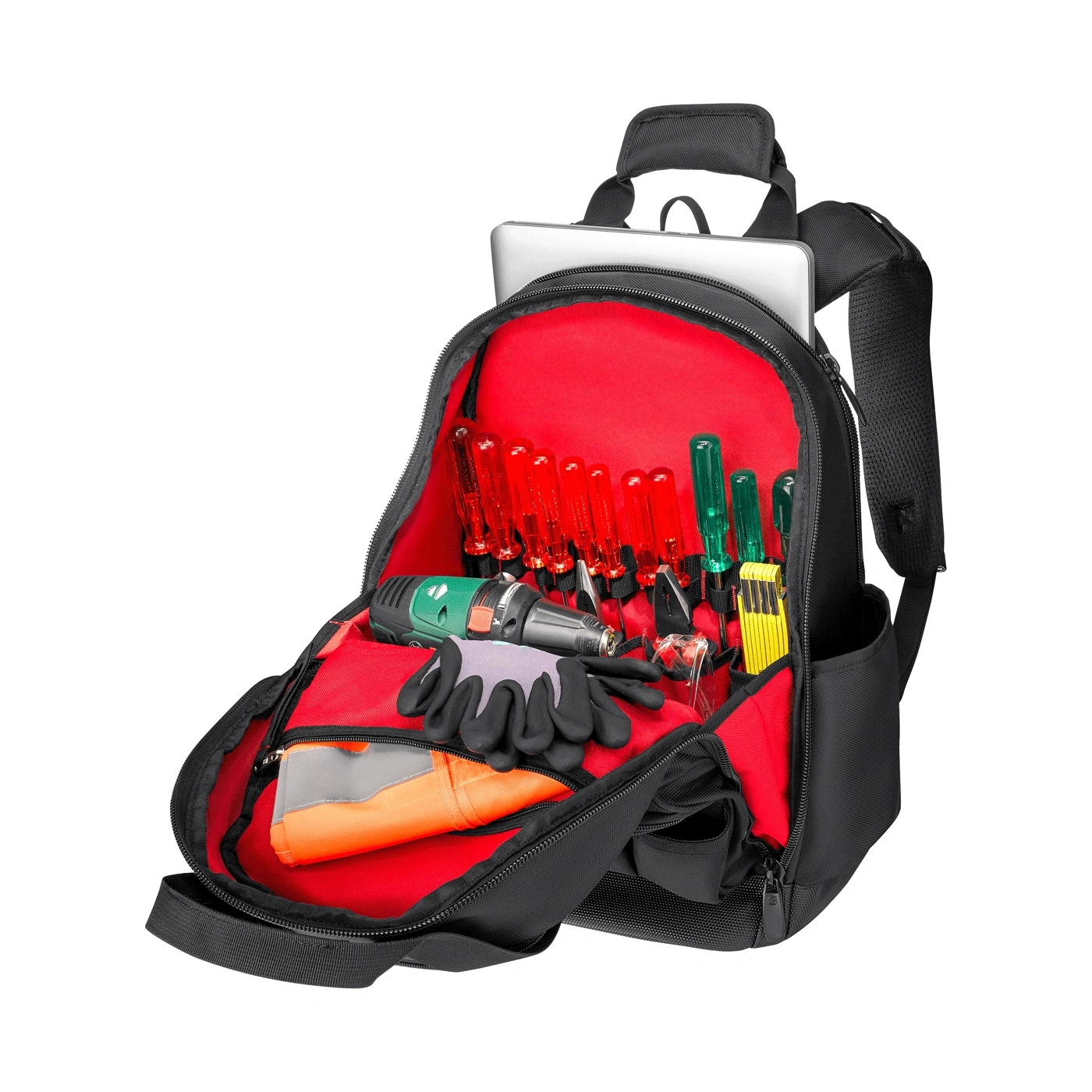 A tool backpack with screwdrivers, gloves, and a laptop