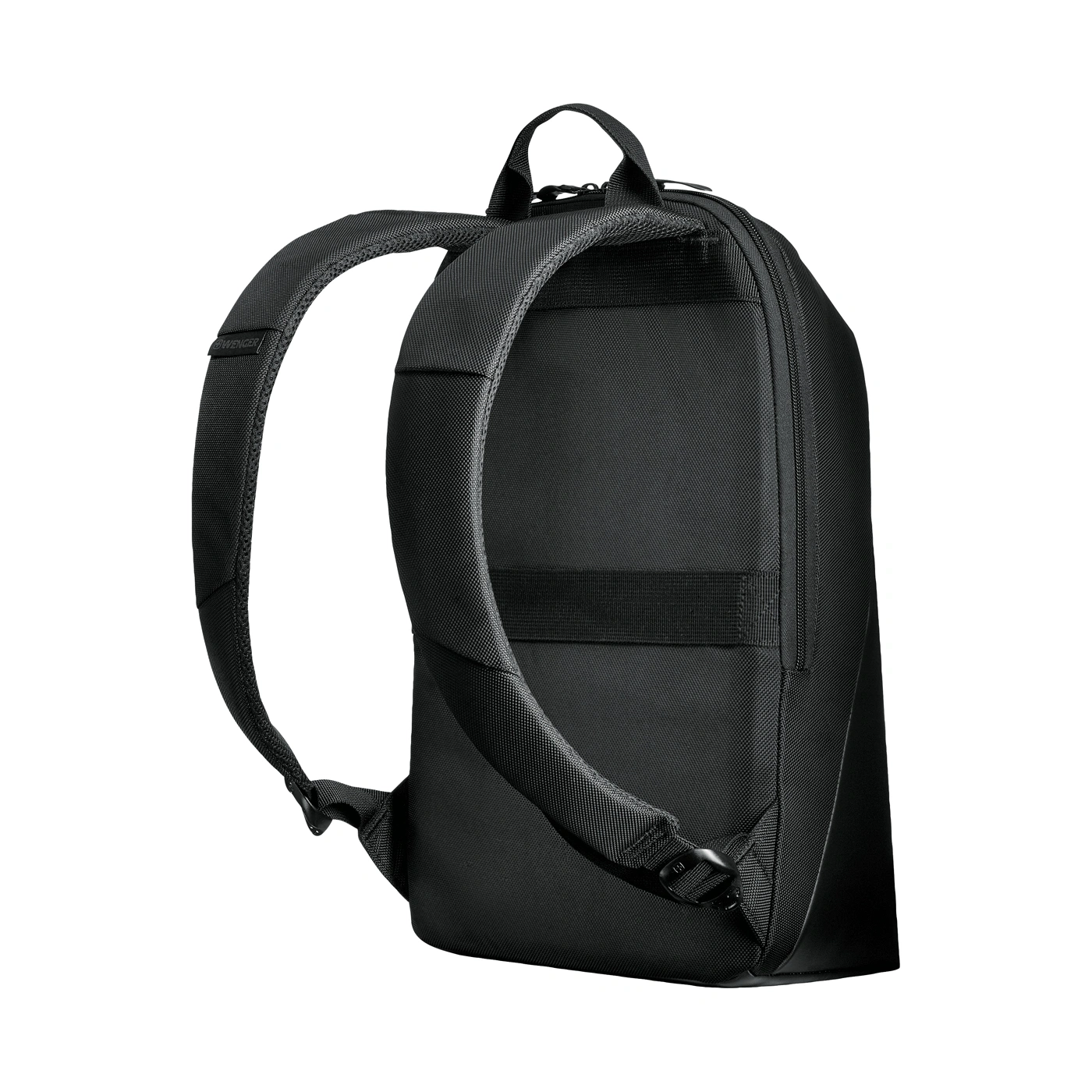 Schwarzer Rucksack von der Seite mit gepolsterten Trägern