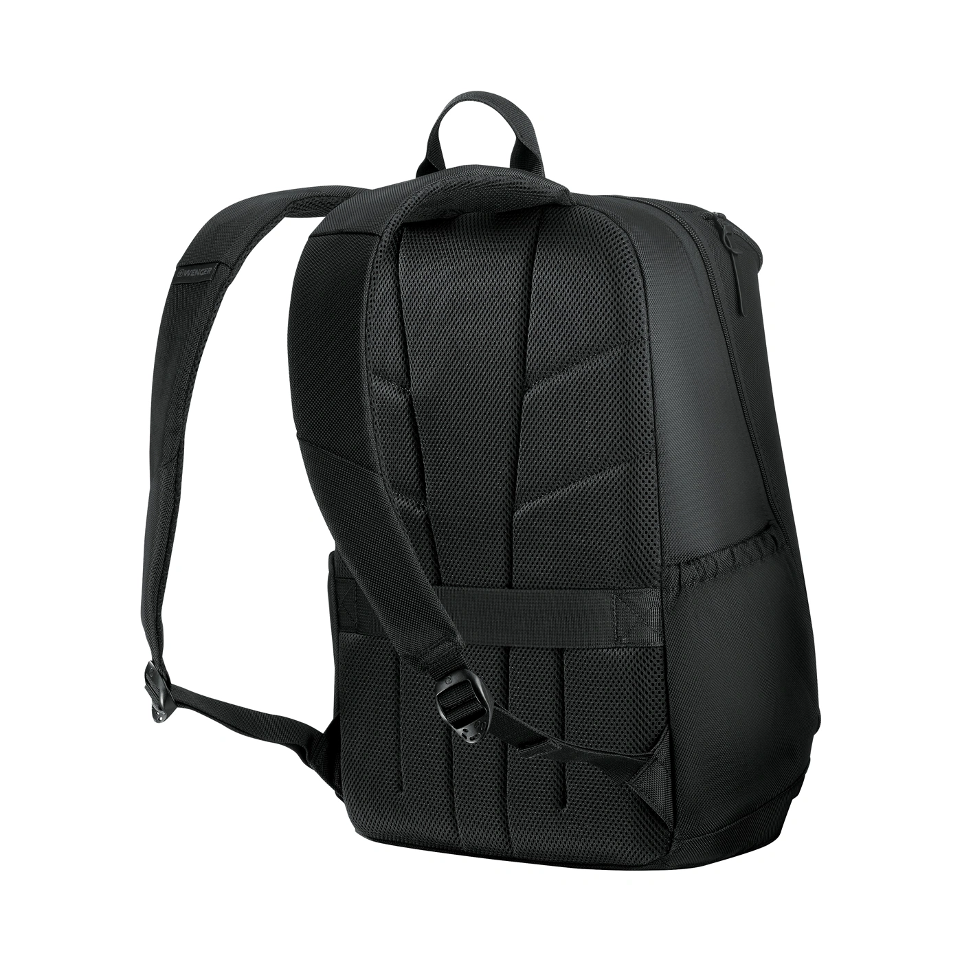 Schwarzer Rucksack mit gepolsterten Trägern und Reißverschluss.