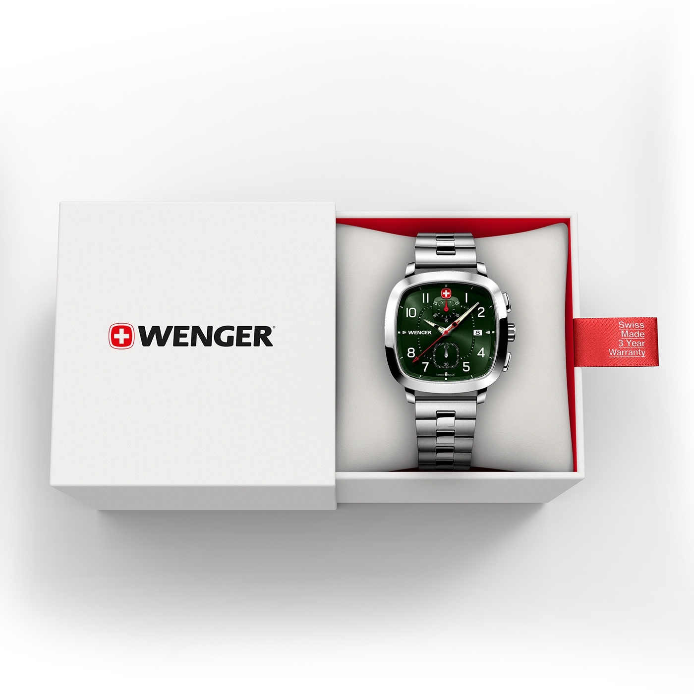 Wenger watch in a box with red accent and 3-year warranty