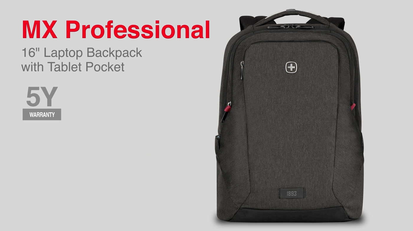 Black backpack with red accent, 16" laptop bag, 5 year warranty, professional design
