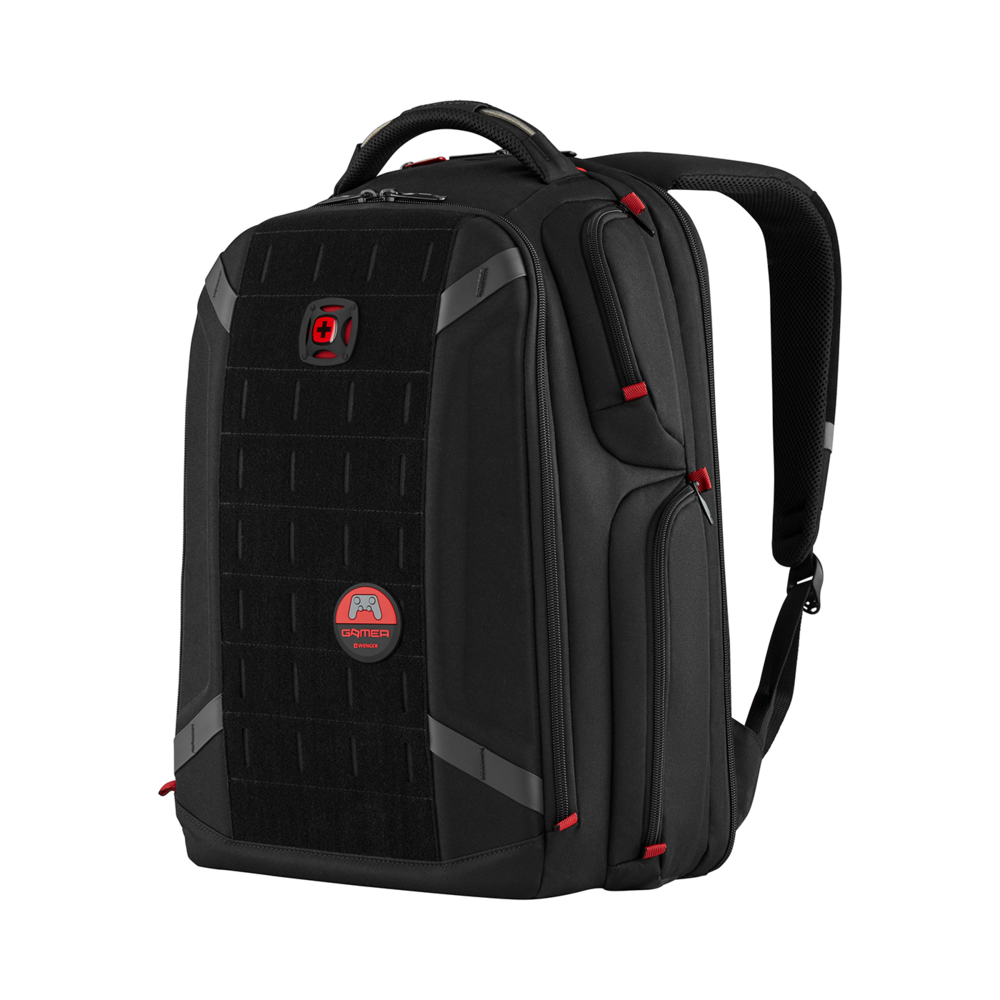 Schwarzer Gamer-Rucksack mit roten Akzenten und Logo auf schwarzem Hintergrund.