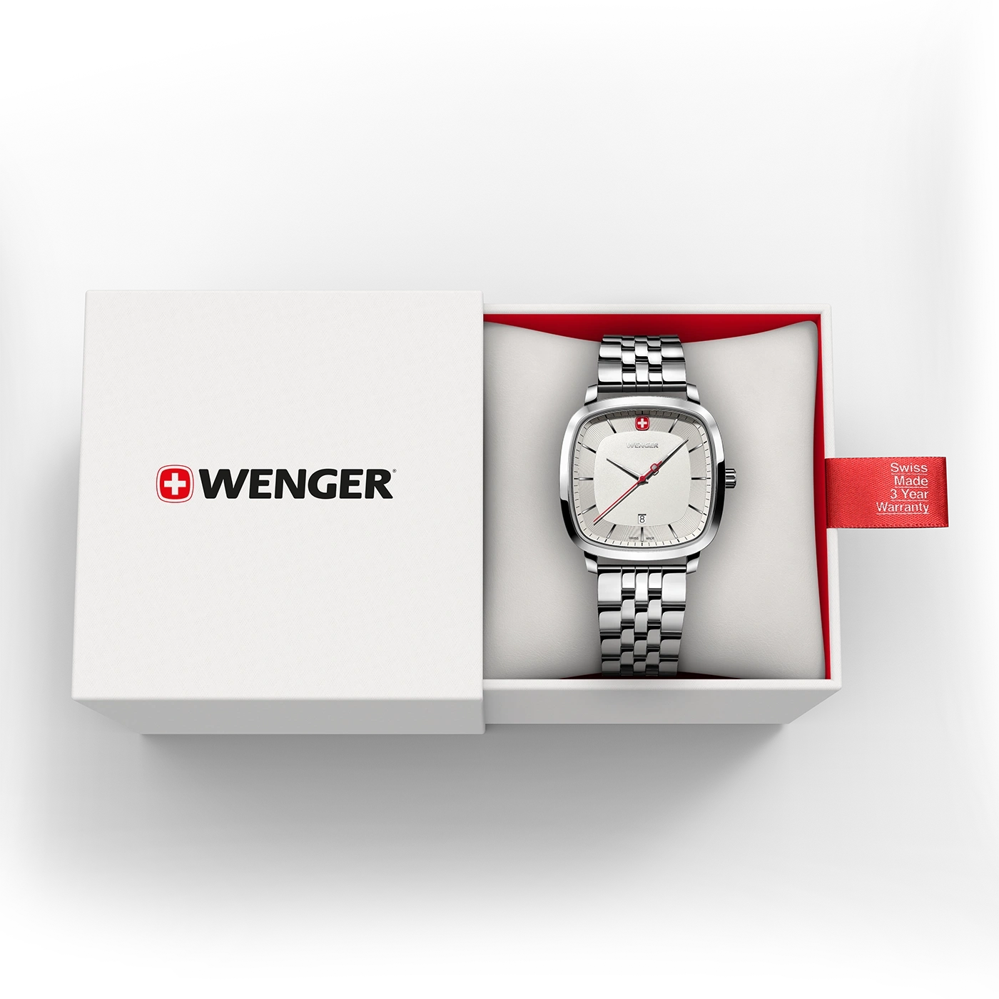 Wenger watch in a box with red accent and warranty tag